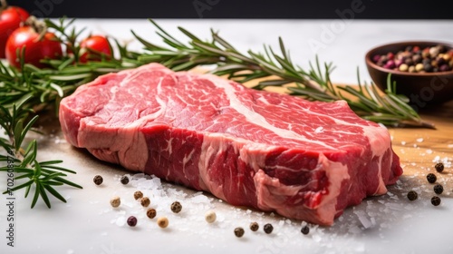 Raw beef steak with rosemary and spices for cooking on white background.