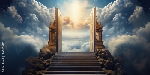 illustration of a dream ladder to success above beautiful clouds. Generative AI © original logo