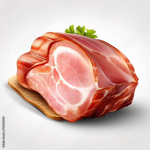 Sliced smoked bacon on a wooden board isolated on white background
