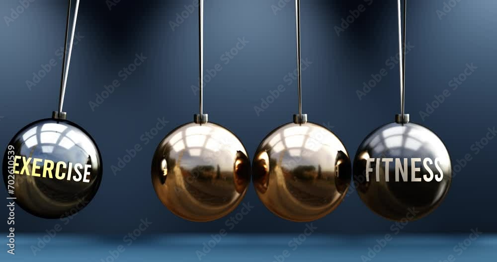 Exercise leads to fitness. A Newton cradle metaphor in which exercise gives power to set fitness in motion. Cause and effect relation between exercise and fitness. Can be looped Exercise leads to fitness. A Newton cradle metaphor in which exercise gives power to set fitness in motion. Cause and effect relation between exercise and fitness. Can be looped