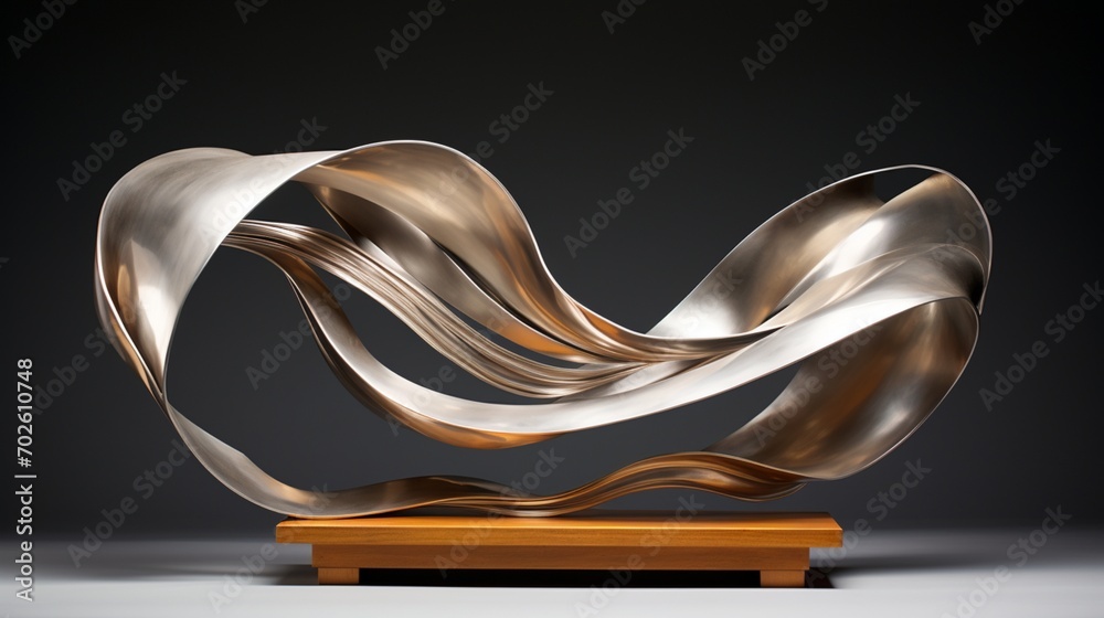 A contemporary metal sculpture, characterized by abstract and flowing forms that seem to defy gravity.
