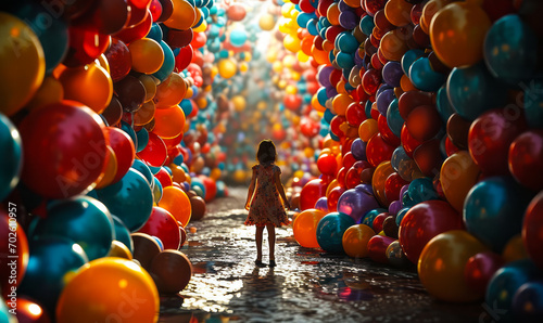 Child wandering in a whimsical corridor of colorful balloons  symbolizing joy  celebration  and a sense of wonder