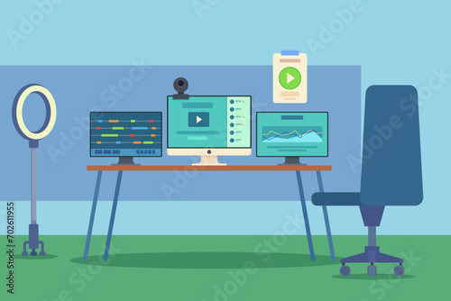 Home studio for video shooting and editing vector illustration. Computers, webcamera, lamp. Video and audio studio concept