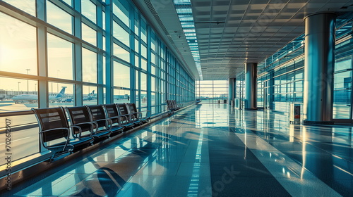 An airport lounge with airplanes visible out the window. Airport Terminal Gate. Generative AI