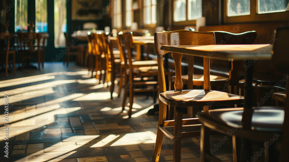 Empty chairs in restaurant, interior - Generative AI