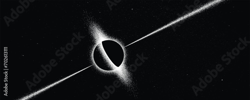 Black hole with disc of plasma and ray burst. Supermassive singularity in core off a galaxy, with noise texture . Event horizon .Vector illustration photo