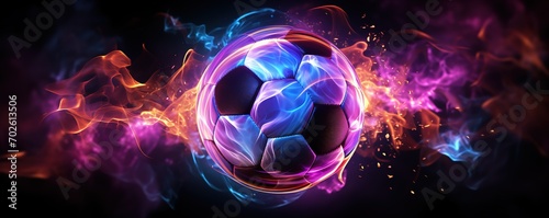A soccer ball With fire effects on the side in beautiful orange blue and purple. Generative AI
