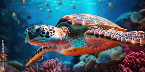 Ocean Turtle Gracefully Navigating Coral Reefs © sitifatimah
