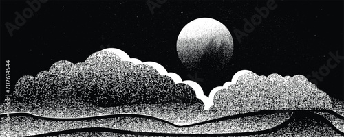 Star and planet in space. Futuristic landscape, with noise texture . Night landscape with starry sky and clouds .Vector illustration, screen print texture