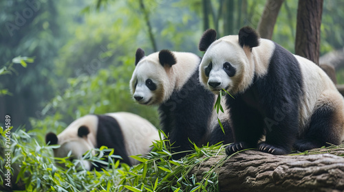 Close ups of three pandas eating bamboo © ding