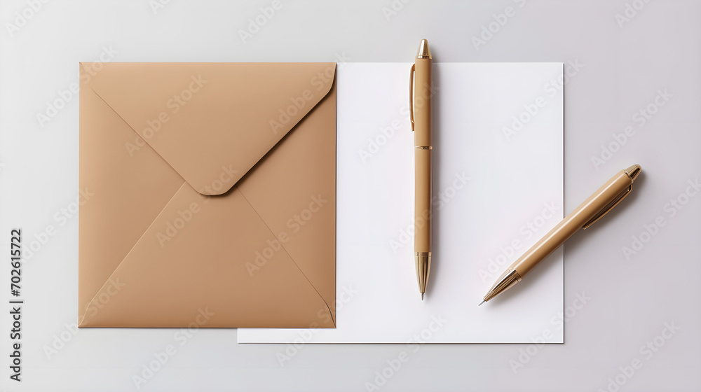 Pens, writing paper and an envelope on a gray background Pens, writing paper and an envelope on a gray background