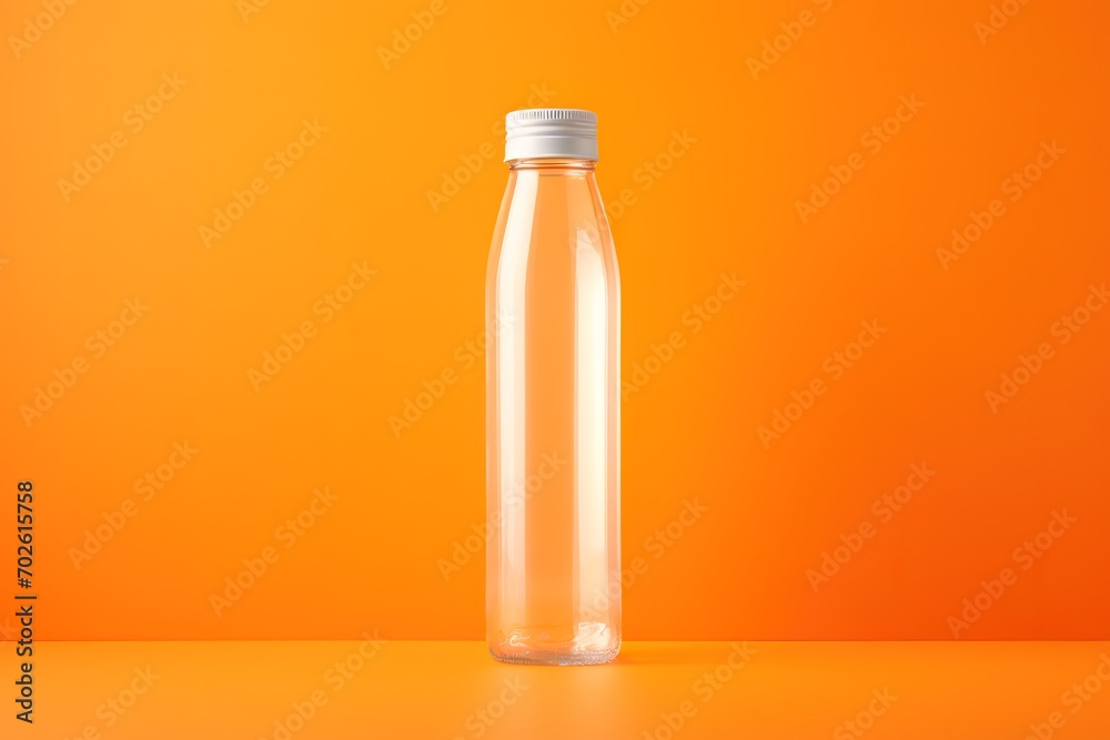 photo of a bottle on a table in front of an orange wall, can be used as a mockup and others. generative AI photo of a bottle on a table in front of an orange wall, can be used as a mockup and others. generative AI