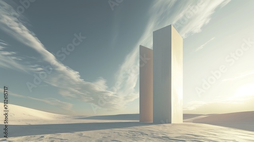 Surreal and minimalist towering structure with clean lines and sharp angles stands against a backdrop of a cloudless sky, creating a sense of isolation and otherworldliness