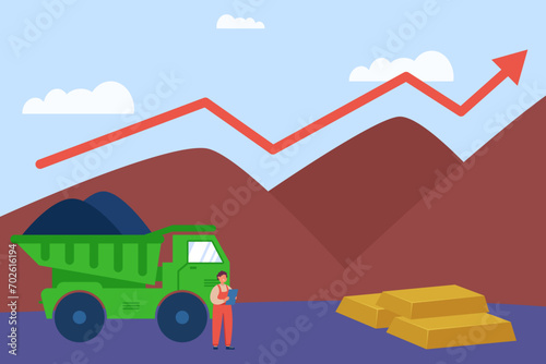 Mining worker near dump truck vector illustration. Arrow up on background showing growth of mining and metal industry. Growth in mining stocks concept