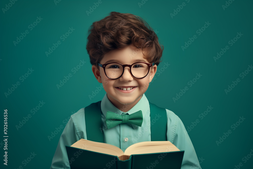 Schoolboy 7-9 years in glasses and with book om head, smiling, looking at camera, isolated on the green background Schoolboy 7-9 years in glasses and with book om head, smiling, looking at camera, isolated on the green background