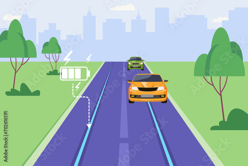Road with charging battery symbol vector illustration. Electrified road charging electric vehicles while they driving. Modern technology, electric road system concept