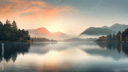 Tranquil Lakeside View at Dawn with Calm Waters Reflecting the Soft Hues of the Rising Sun and Distant Mountains