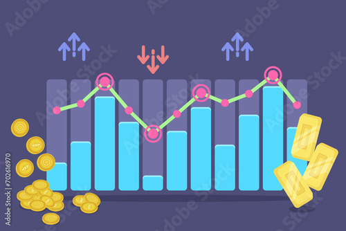 Rise of prices for Bitcoins and gold vector illustration. Diagram showing increase of prices for Bitcoins and gold bars. Economy, finance concept