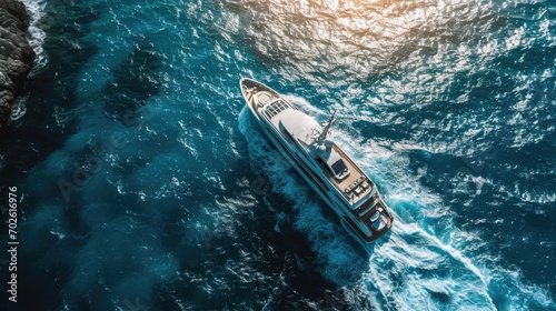 Aerial Photography, luxury yacht gliding through the azure waters of the Mediterranean, clear sunny day, sleek modern design, white and silver yacht, contemporary elegance. © Татьяна Креминская