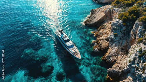 Aerial Photography, luxury yacht gliding through the azure waters of the Mediterranean, clear sunny day, sleek modern design, white and silver yacht, contemporary elegance. © Татьяна Креминская