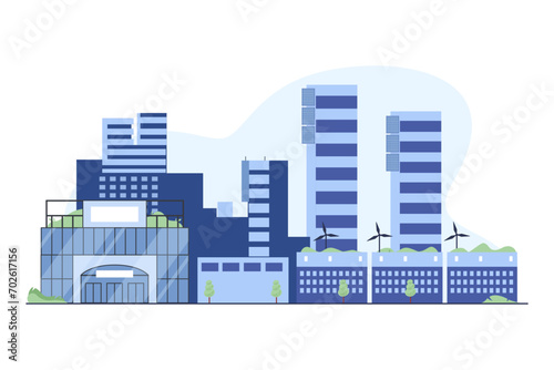 Smart city with wind tribunes and modern buildings vector illustration. Modern green region made of biomaterials. Smart region, sustainable development, construction concept