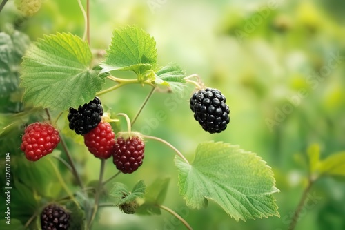 Ripe blackberries still on the tree with green leaves. Generative AI