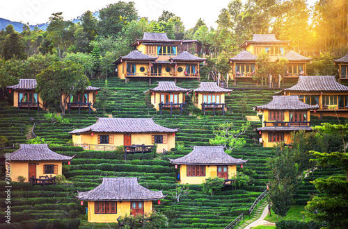 Ban Rak Thai, Mae Hong Son resort in green tea plantation on the hill and lake at  village, chinese style hotel and resort, famous tourist attractions is another landmark of North Thailand.  © Vatanika
