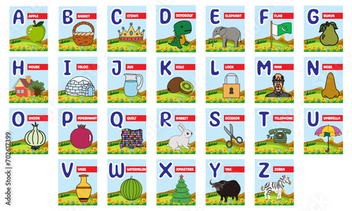 Alphabet cards for kids. Educational preschool learning ABC card with animal and letter cartoon vector illustration set. Flashcards with cute characters and english words placed in alphabetical order.