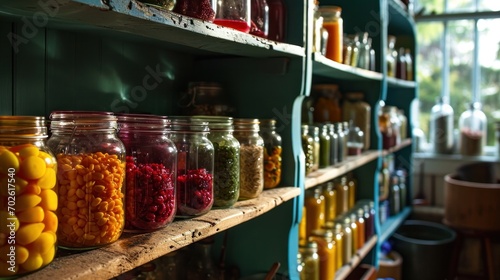 Vibrant Pantry with Colorful Jars and Neat Shelving