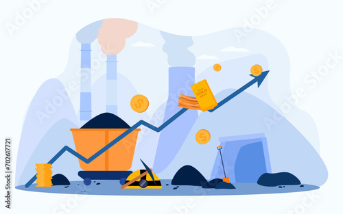 Waggon with black coal vector illustration with mine and plant on background. Arrow with money showing growth of mining and metal industry.