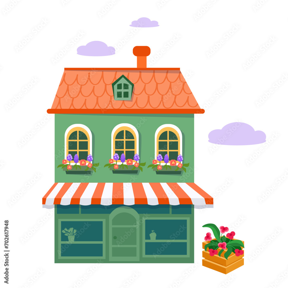 Cute cartoon old town houses. Flat isolated objects on white background. Vector illustration. 