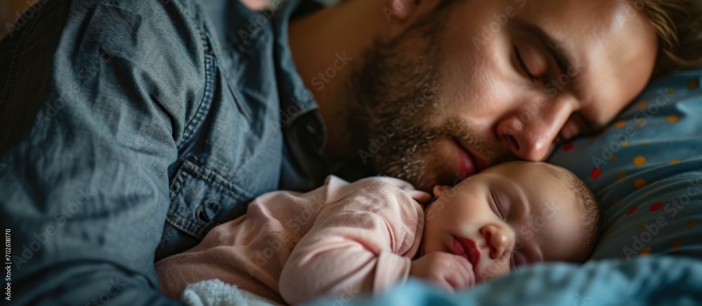 Exhausted father with sleeping baby experiences postpartum depression at home. - obrazy, fototapety, plakaty 