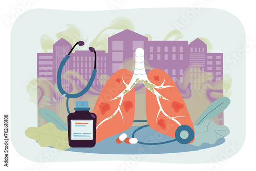 Human lungs attacked with bacteria and virus vector illustration with big city on background. Medicine, pils and stethoscope. Epidemic, walking pneumonia concept