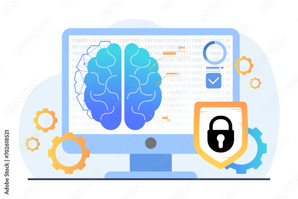 Computer with artificial intelligence brain and shield with padlock ...