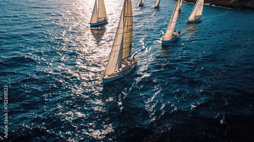 Aerial Photography, fleet of racing sailboats during a regatta, open ocean, competitive and sporty, high-energy race photo