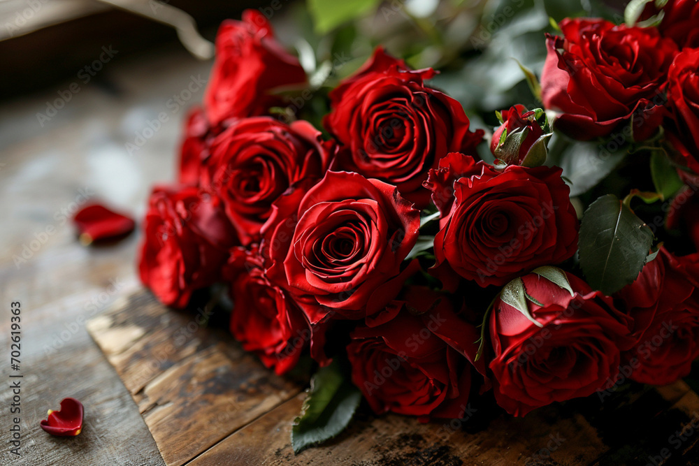 An elegant scene of heart-shaped roses arranged in a delicate bouquet, showcasing the timeless and classic beauty of red roses as a symbol of love.