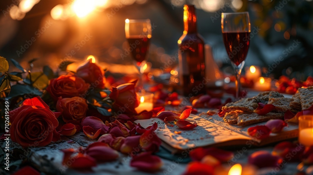 Top view photography of a romantic picnic, read 