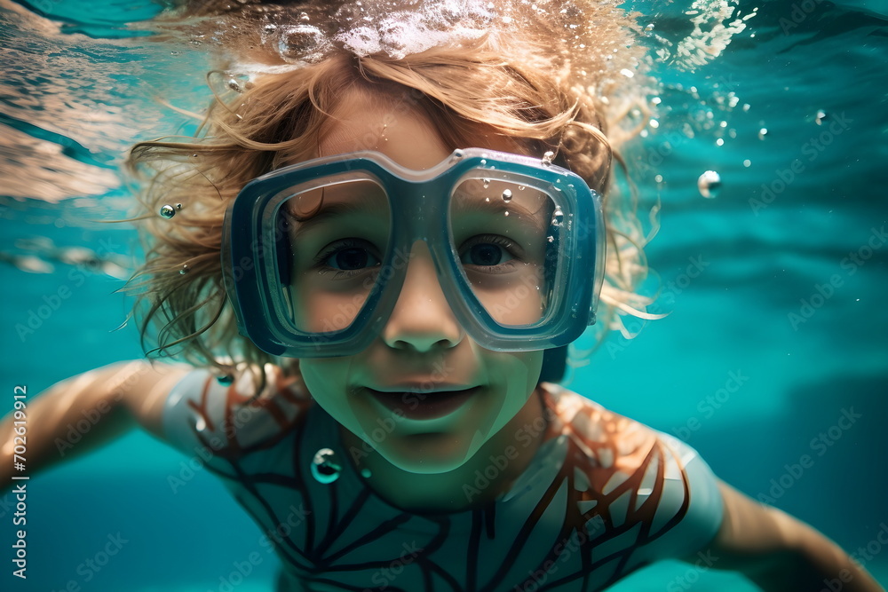 closeup portrait of child boy snorkeling underwater, Generative AI