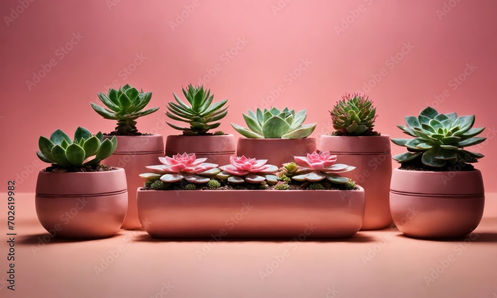 Green and pink colorful succulents in pots. Desert plants background. Top view bright cactuses, gardening, horticulture theme. Wide screen wallpaper. Panoramic web banner with copy space for design.