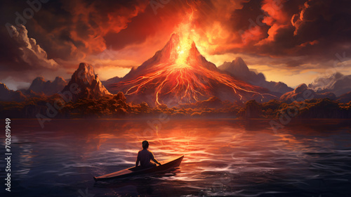 Fantasy world scenery showing a boy rowing a boat #702619949
