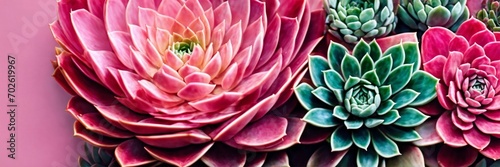 Green and pink colorful succulents texture. Desert plants background. Top view bright cactuses, gardening, horticulture theme. Wide screen wallpaper. Panoramic web banner with copy space for design.