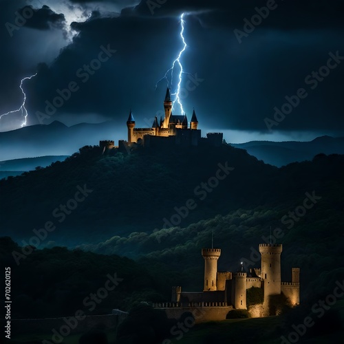 A magnificent castle, cloaked in darkness, dramatically lit by intense moonlight and illuminated by striking bolts of lightning