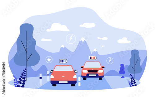 Electric cars driving and charging vector illustration. Electrified road and electric vehicles. Modern technology, electric road system concept
