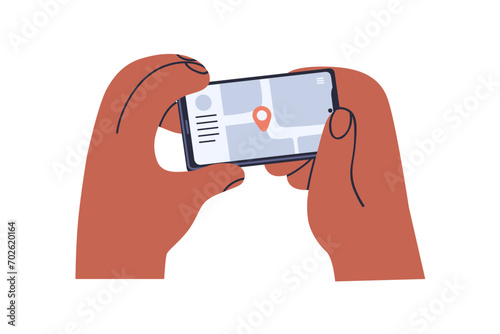 Mobile phone screen with map app. Hands holding smartphone with GPS and navigation application, searching location, position, pin pointer. Flat vector illustration isolated on white background