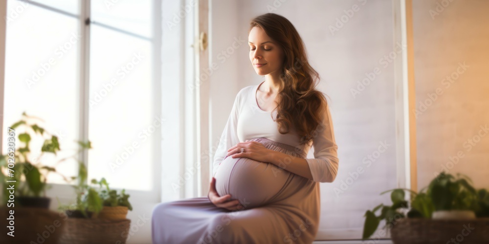 A pregnant lady sitting, connecting with her growing baby A pregnant lady sitting, connecting with her growing baby