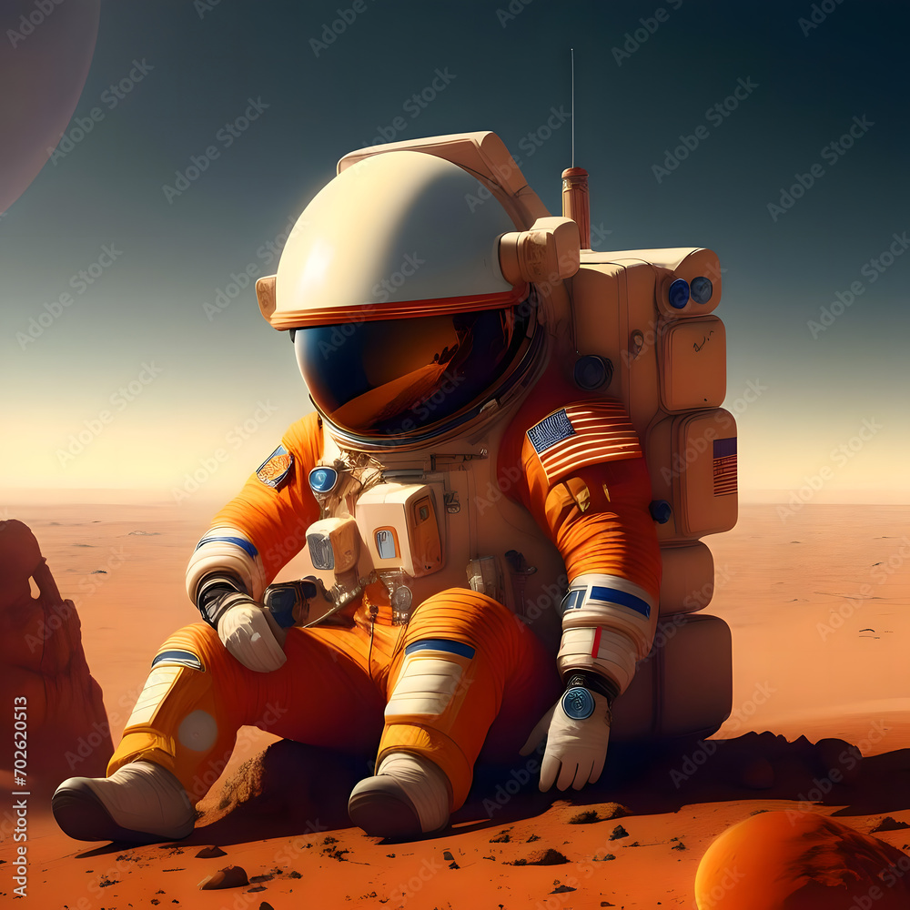 Un astronaute assis sur la planète Mars.