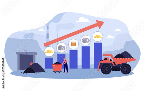 Growth of mining and metal industry concept. Mining worker, waggon, dump truck vector illustration with bar chart and arrow up on background.