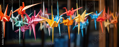 Color Paper origami Cranes. panorama photo.