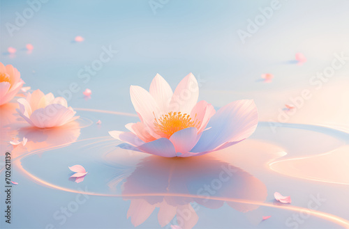 Pink flower floating on the water. The pond is calm and still