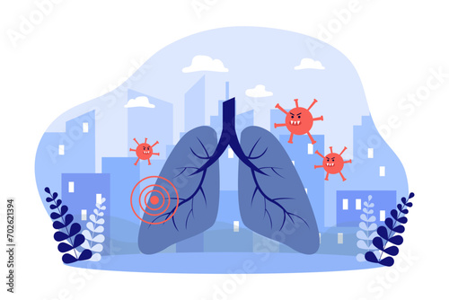 Virus attacking human lungs vector illustration. Lungs disease, epidemic, respiratory system, walking pneumonia concept